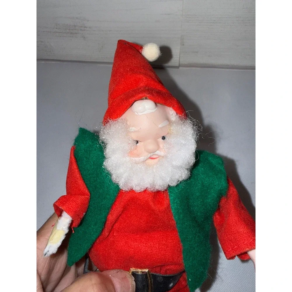 Vintage Santa Claus Elf Doll Porcelain Face Red Felt Suit Striped‎ Legs 11 Inch